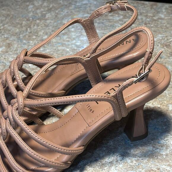 Anne Klein Tan Strappy Luxury Jupiter Open Square Toe Evening Heels Size 7M - Picture 6 of 7